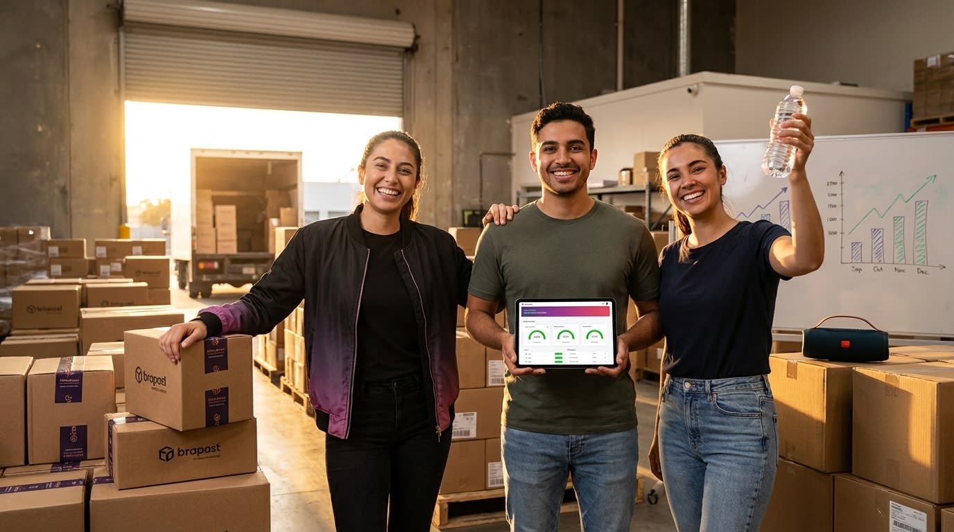 TikTok Shop fulfillment team proudly standing beside pallets of shipped orders with Q1 goal achievement whiteboard