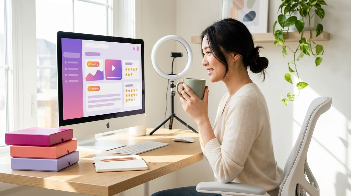 TikTok Shop seller reviewing trending product listings with high ratings in a bright home office