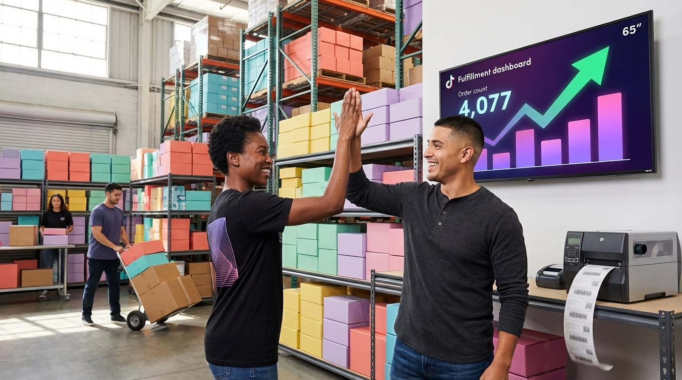 Warehouse team high-fiving next to stacked TikTok Shop orders with daily order count on display screen