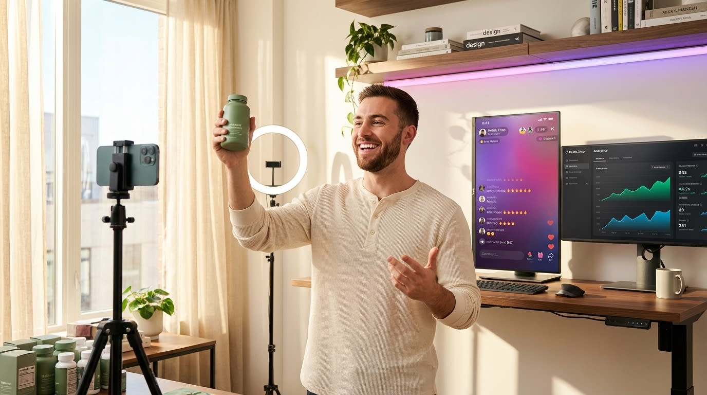 Young entrepreneur filming authentic TikTok Shop product review in stylish home studio with live stream comments visible