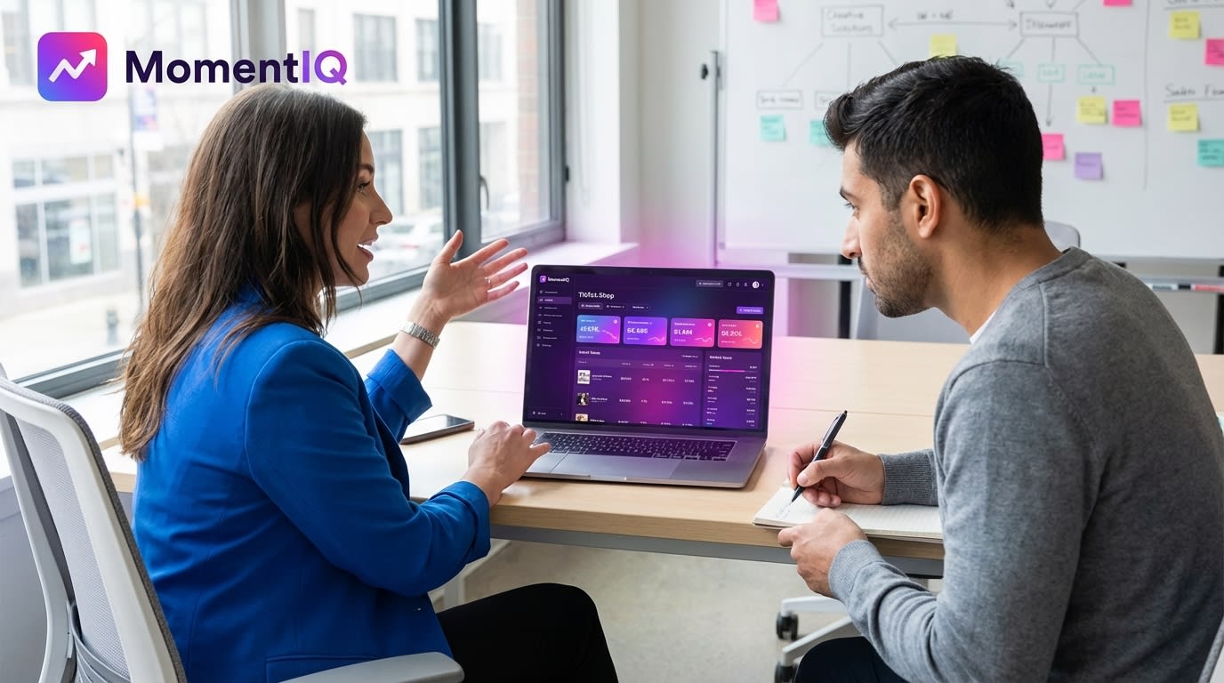 Brand owner and MomentIQ strategist reviewing daily TikTok Shop Score tracking dashboard
