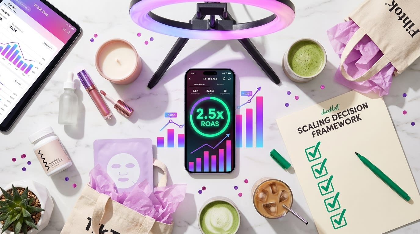 Flat lay of TikTok Shop dashboard showing excellent Shop Score and growth in impressions