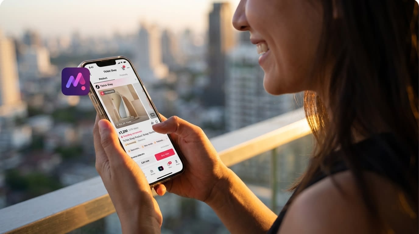 Hand swiping up on a trending TikTok Shop product listing with high engagement