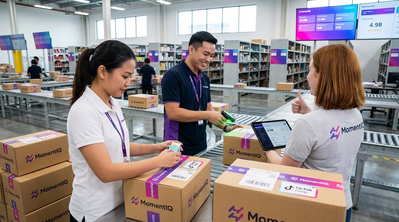 Highly organized fulfillment center with branded TikTok Shop packages moving swiftly
