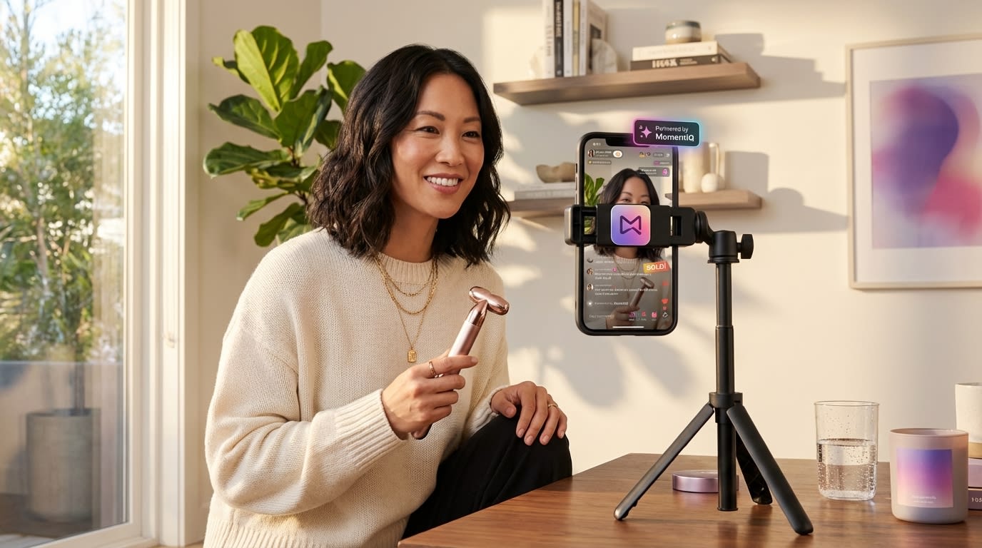 Millennial woman confidently reviewing premium products on TikTok Shop live stream with heart emojis and sold notifications on screen
