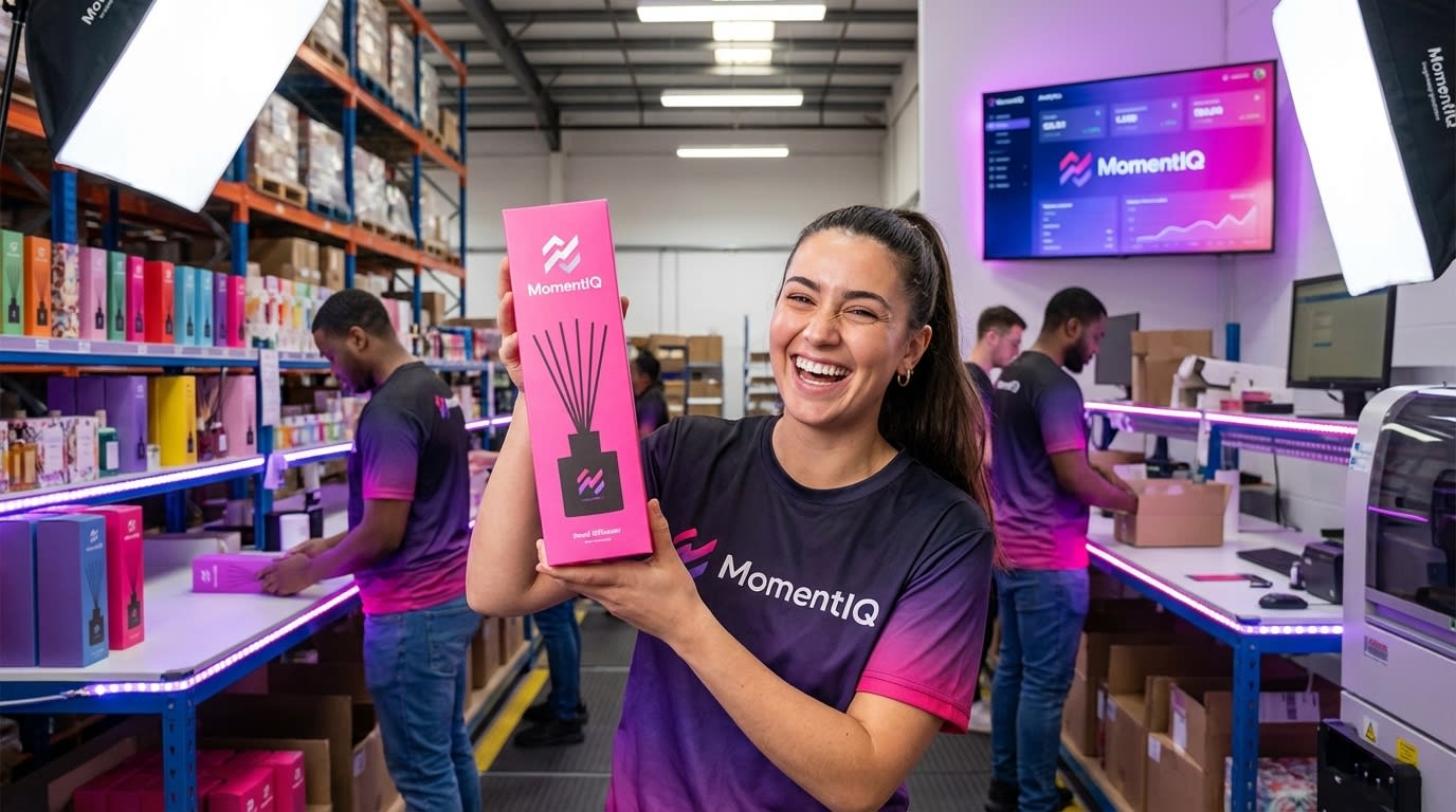 Satisfied fulfillment worker packing a home fragrance product into a branded TikTok Shop box