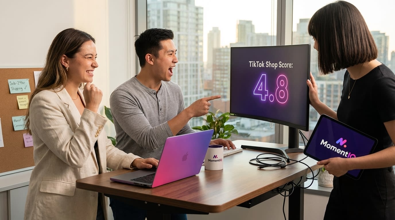 TikTok Shop brand team celebrating a high Shop Score on their analytics dashboard with fulfillment metrics showing green upward trends