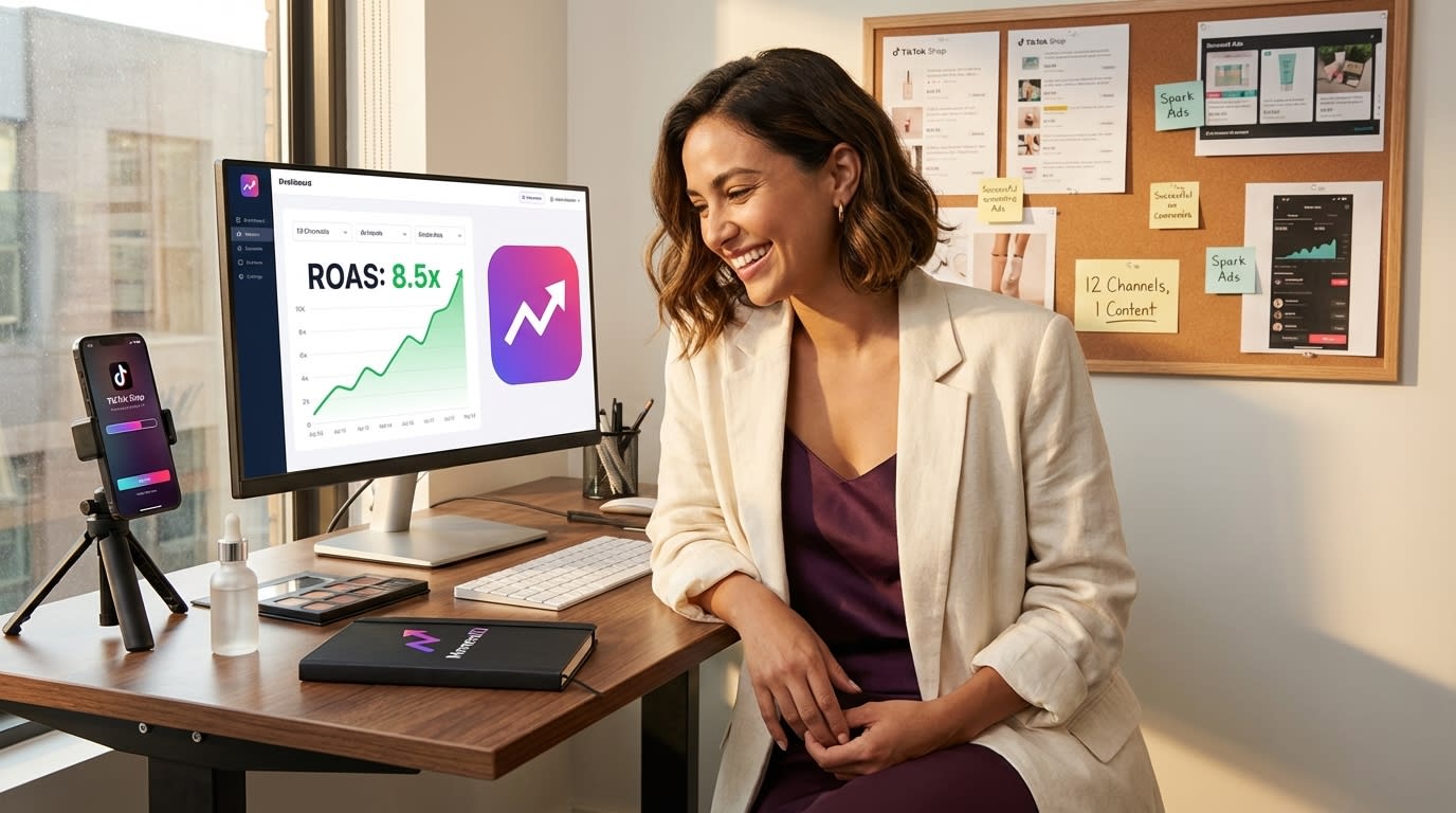 Brand manager confidently reviewing TikTok Shop UGC repurposing analytics showing high ROAS on multiple screens