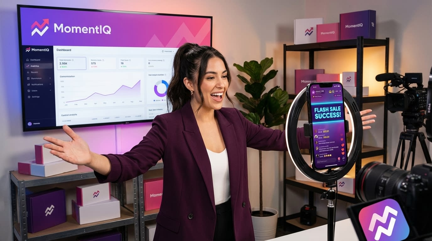 Charismatic TikTok Shop live shopping host celebrating a surge in sales with 'SOLD!' overlays.