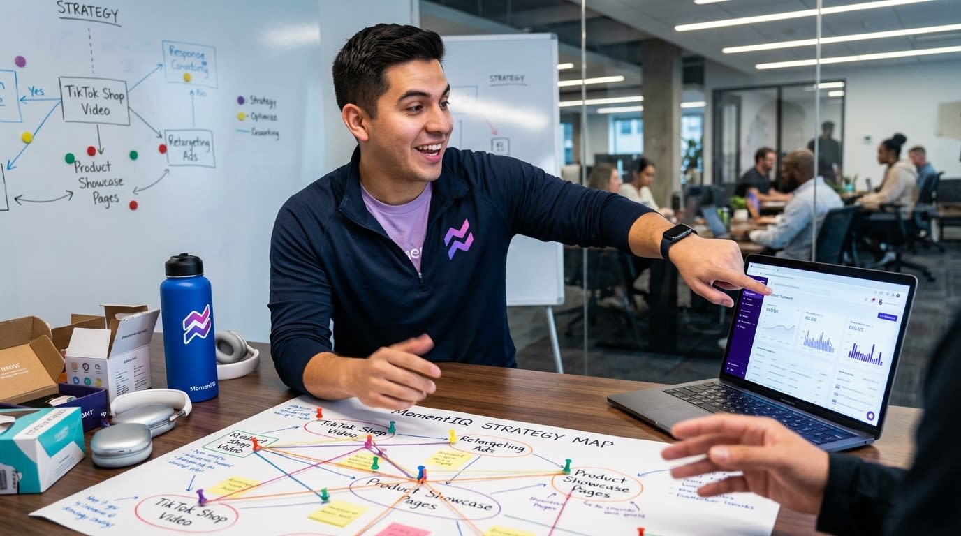 Entrepreneur mapping a multi-channel TikTok Shop content repurposing strategy on a desk map.