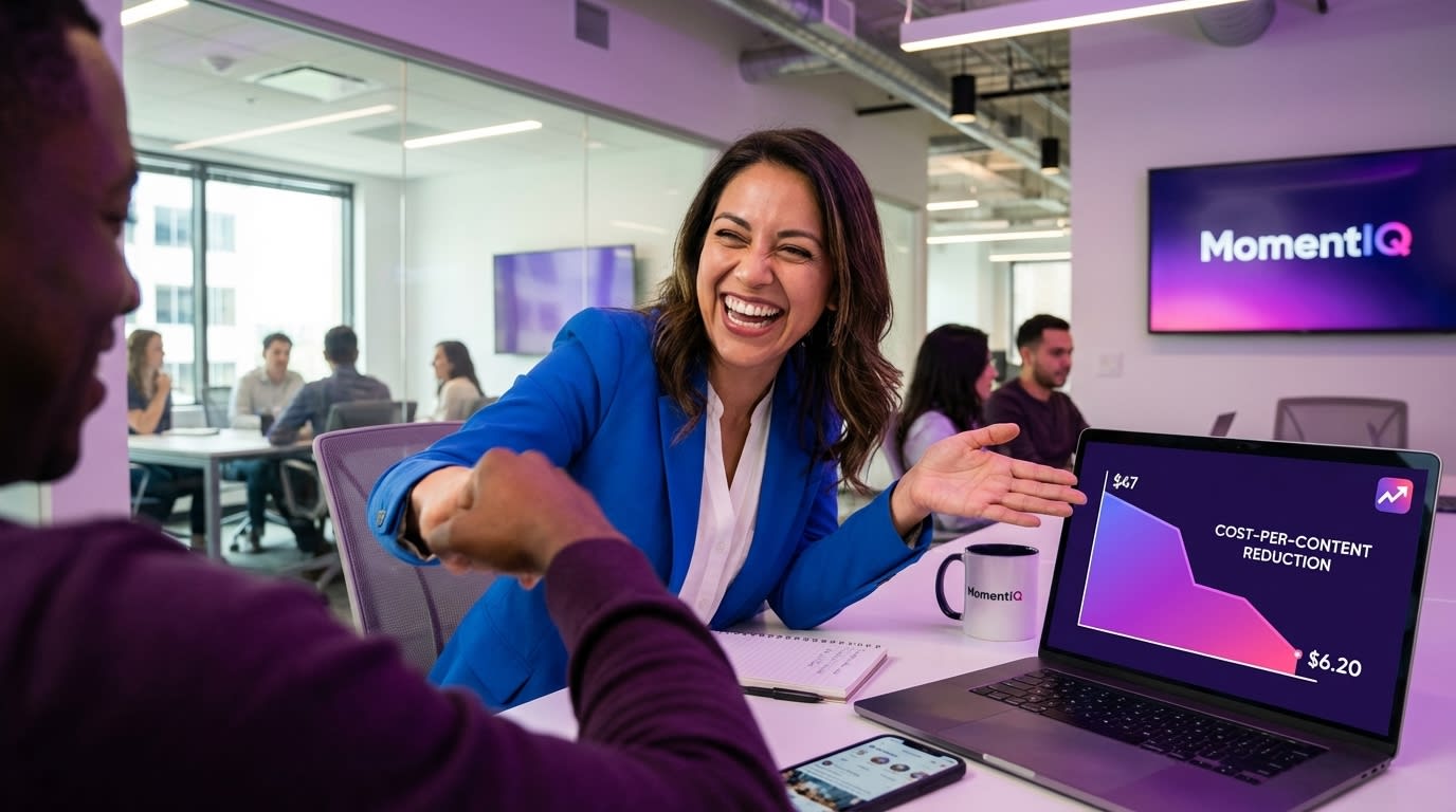 Sales manager celebrating a dramatic reduction in TikTok Shop cost-per-content on an analytics dashboard.