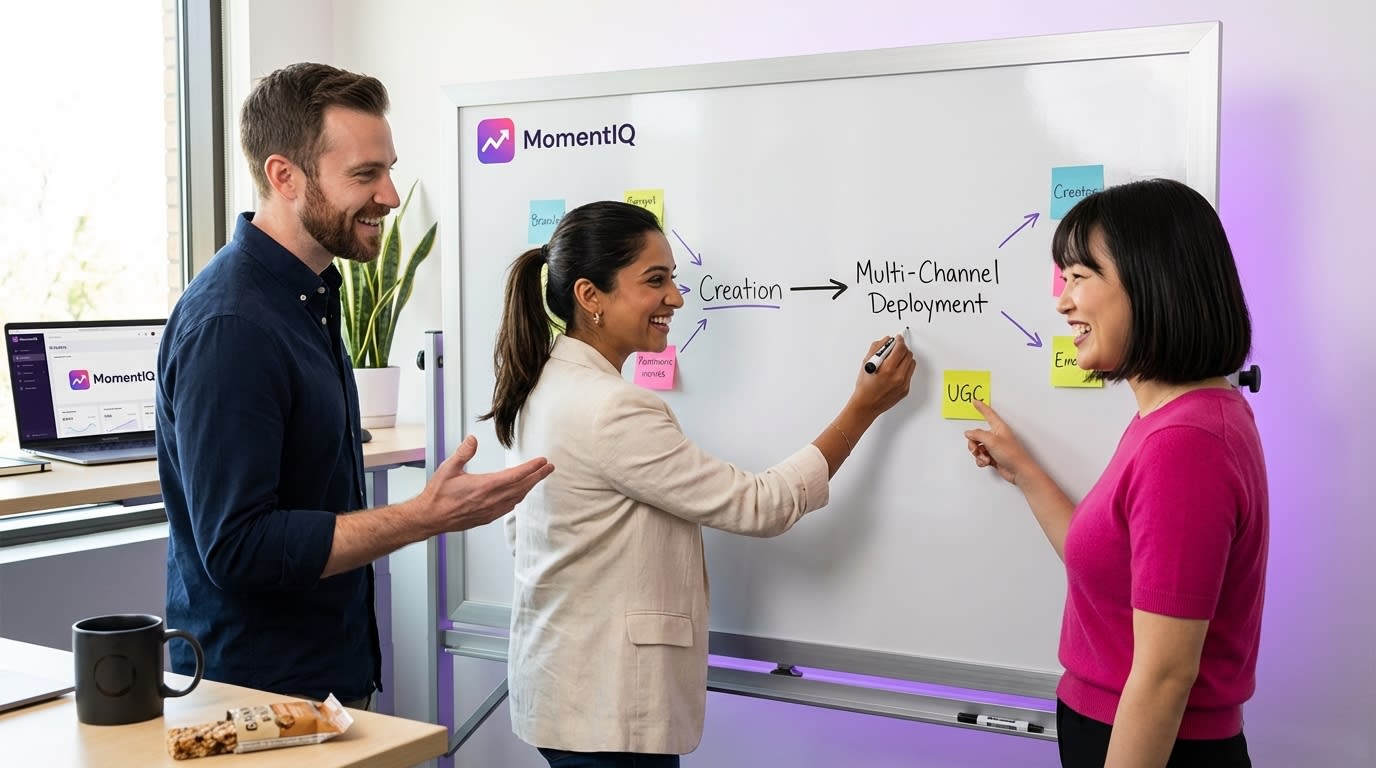 Team discussing a TikTok Shop content lifecycle framework on a whiteboard, focusing on systematic repurposing.