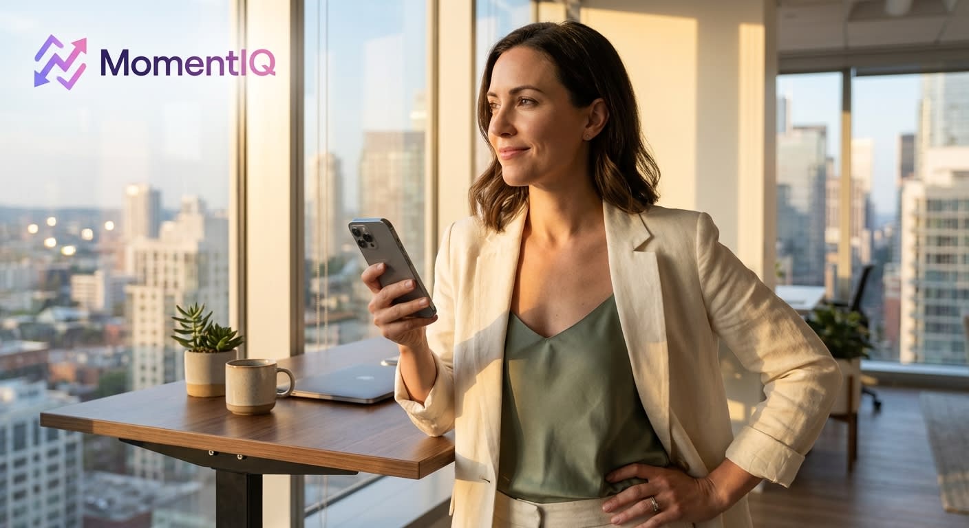 Aspirational brand founder overlooking city skyline, phone showing thriving TikTok Shop dashboard.