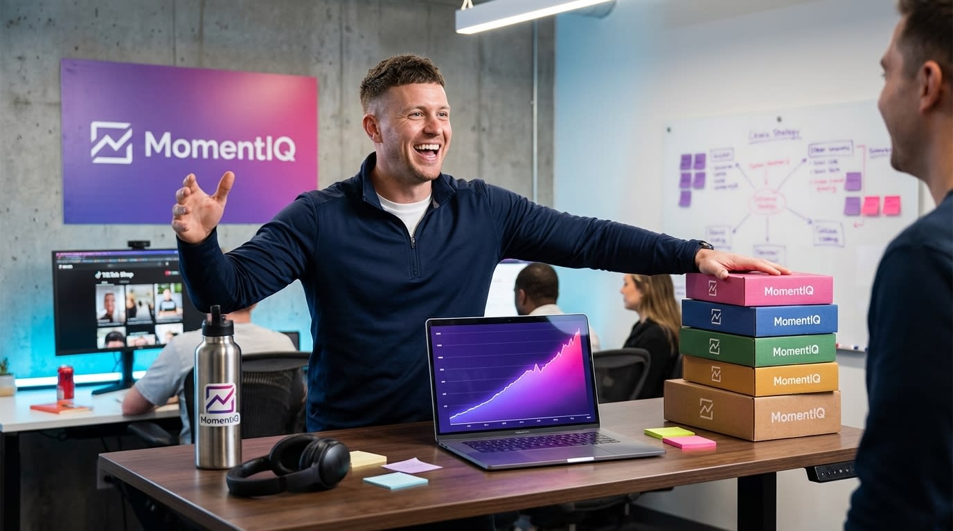 Brand owner confidently reviewing steep TikTok Shop VSA revenue growth on a laptop, with product boxes in background.