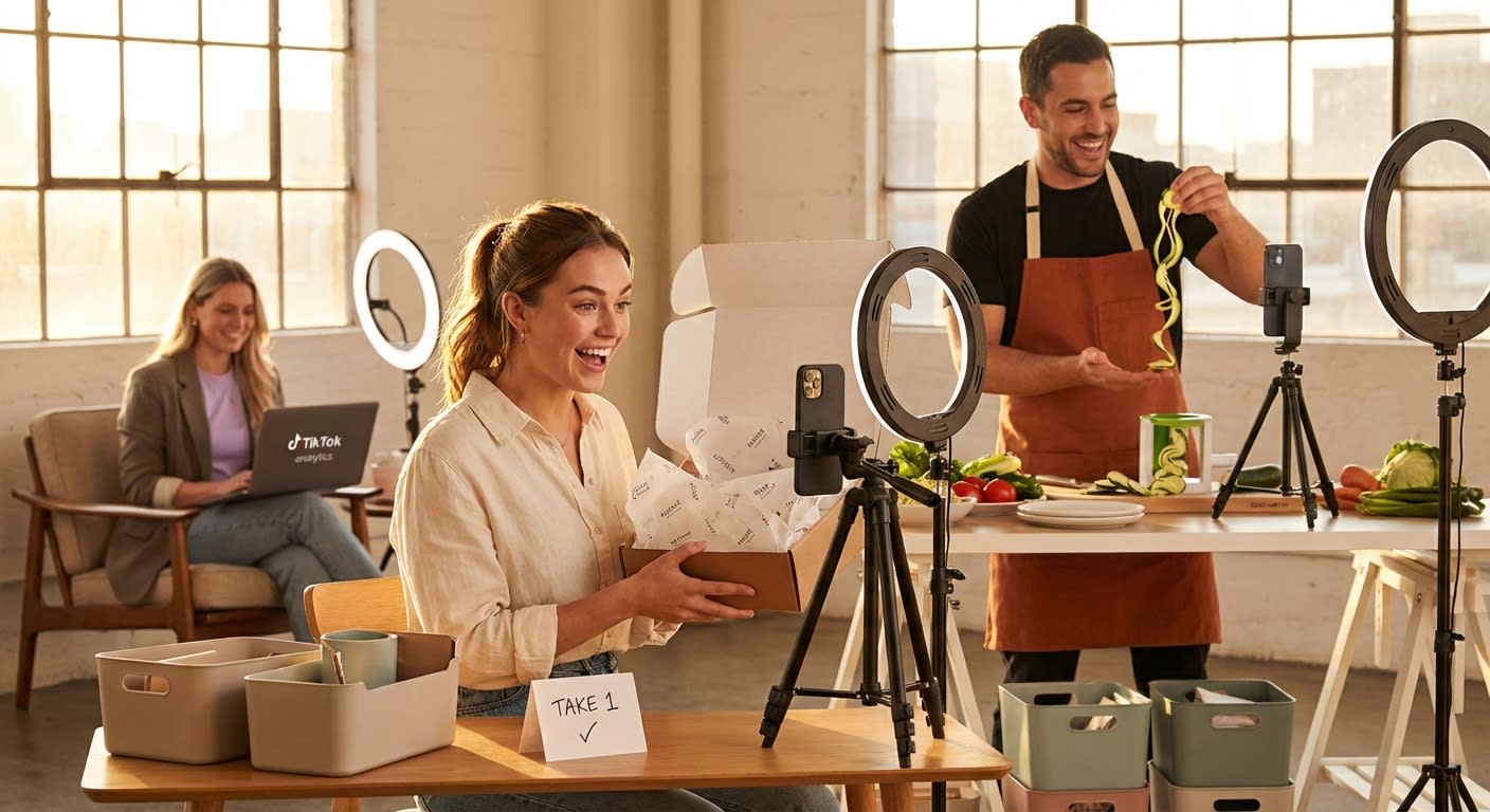 Aspirational TikTok Shop content studio with multiple creators filming Video Shopping Ad product demos at organized production stations