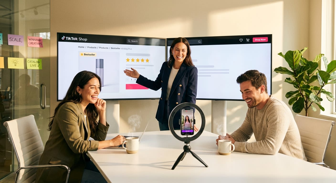 Brand team confidently reviewing TikTok Shop Video Shopping Ad product detail page on large screen with shoppable product card on phone