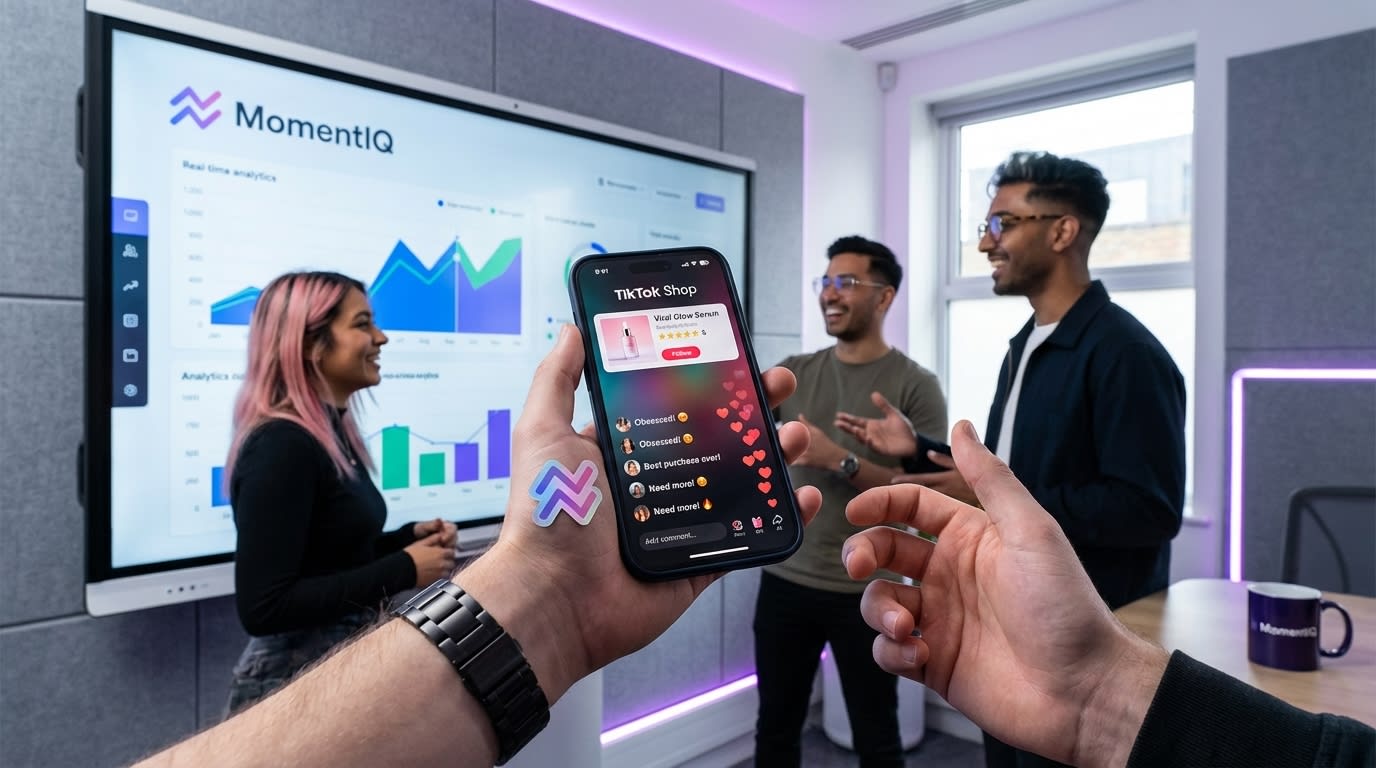 Close-up of phone showing glowing 5-star TikTok Shop product review with positive comments.