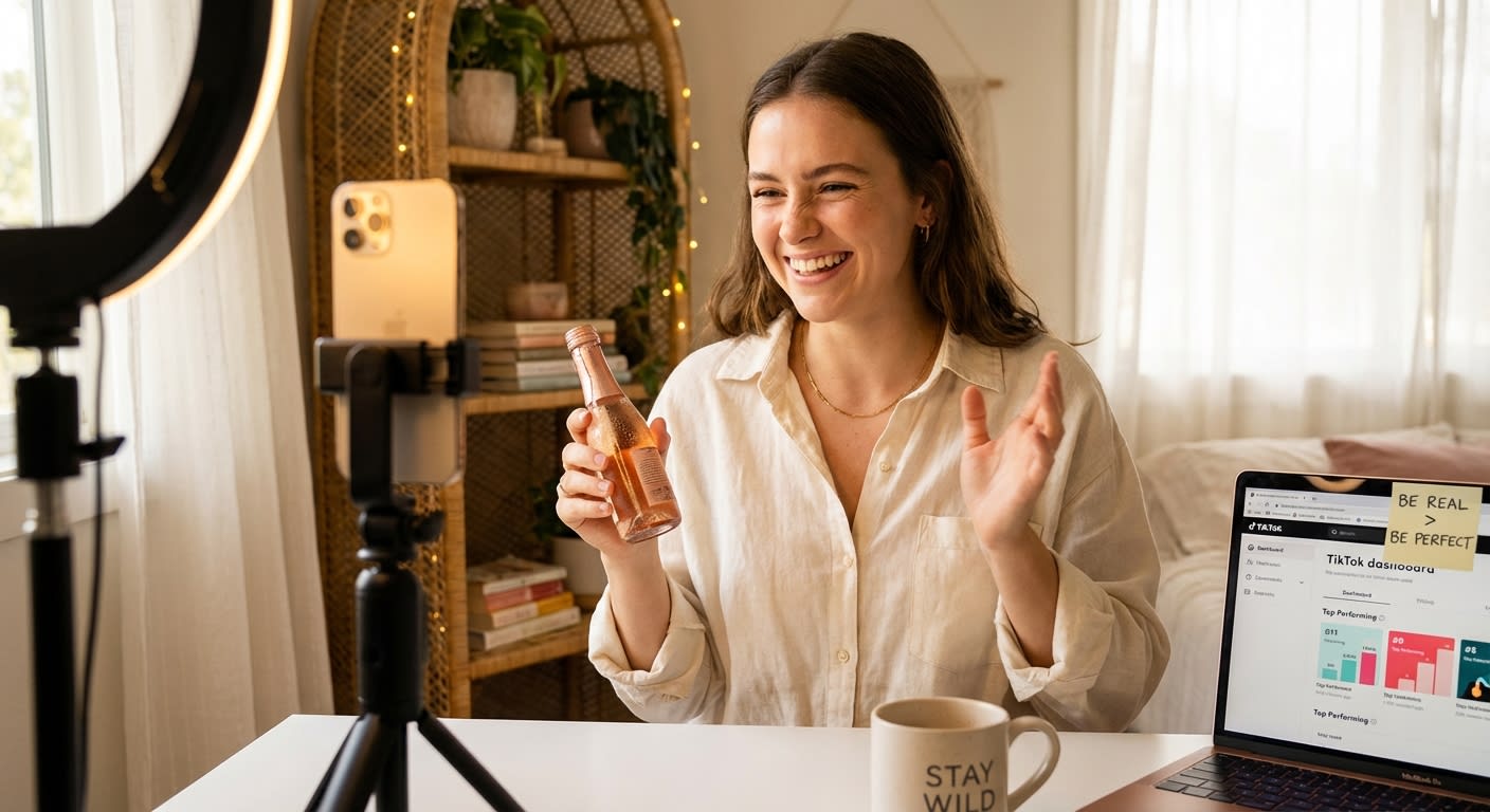 Creator confidently filming authentic UGC-style TikTok Shop Video Shopping Ad with ring light and iPhone setup