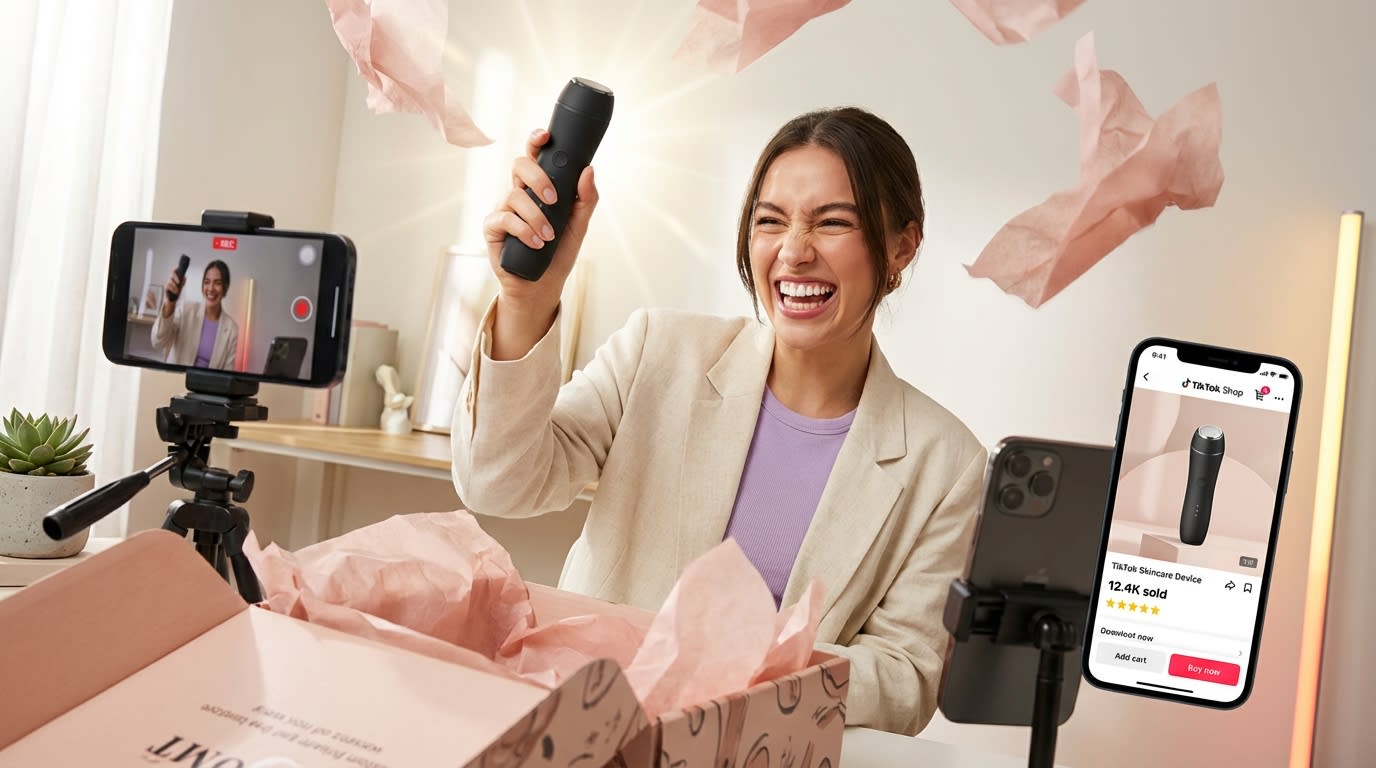 Creator excitedly unboxing branded product while filming TikTok Shop Video Shopping Ad with phone showing product listing