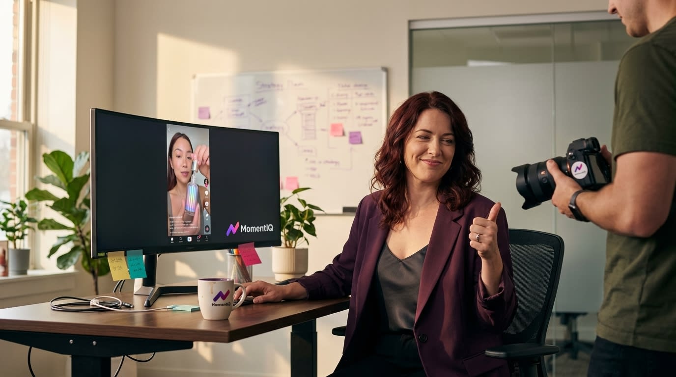 Creative director giving thumbs-up while reviewing perfectly framed native vertical TikTok Shop video ad.