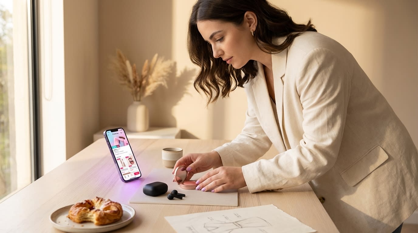 Designer arranging products for a flat lay, phone showing crisp TikTok Shop listing with consistent imagery.