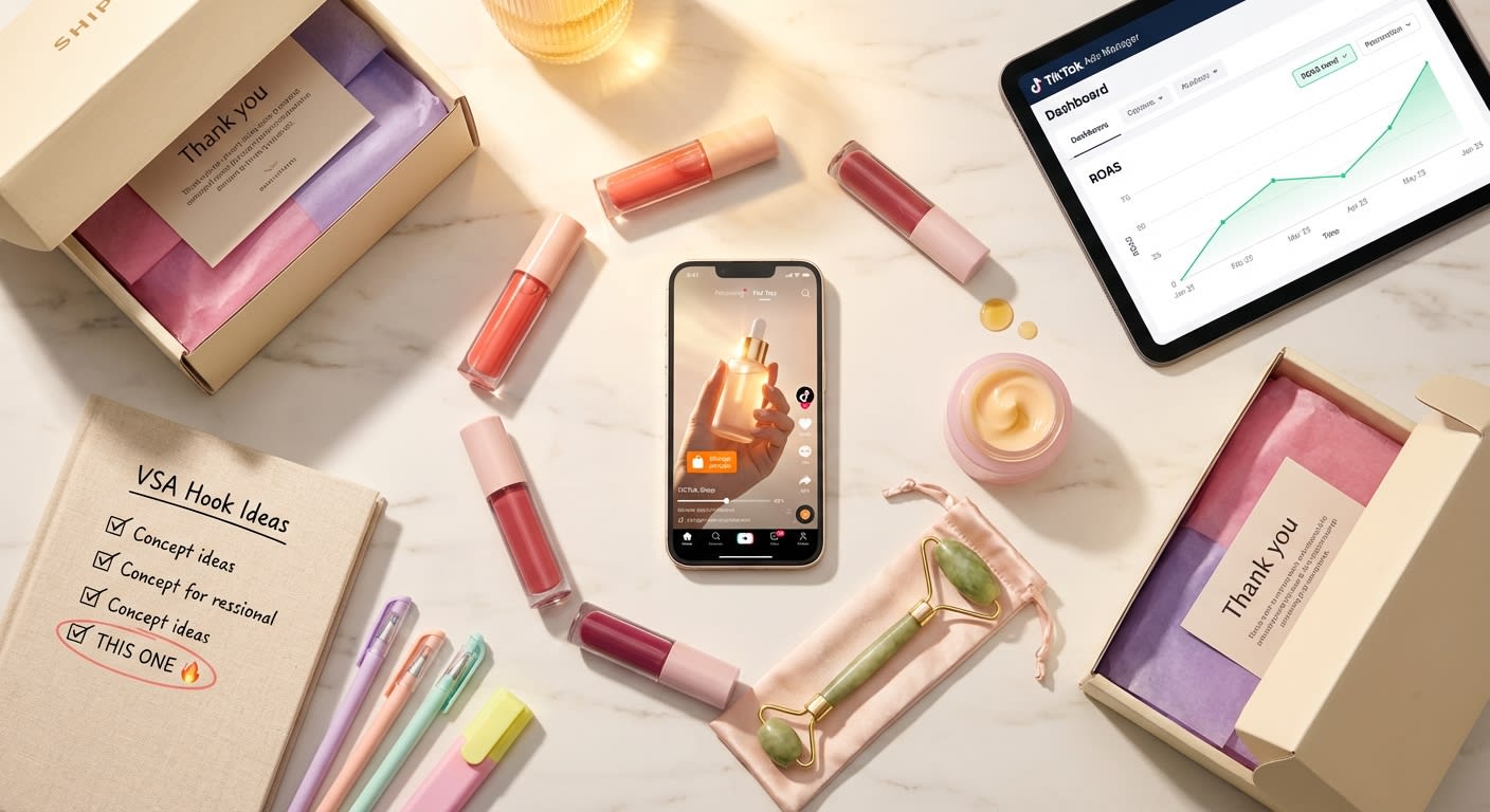 Close-up of TikTok Shop Video Shopping Ad on phone screen with shoppable product card and fulfillment boxes in background