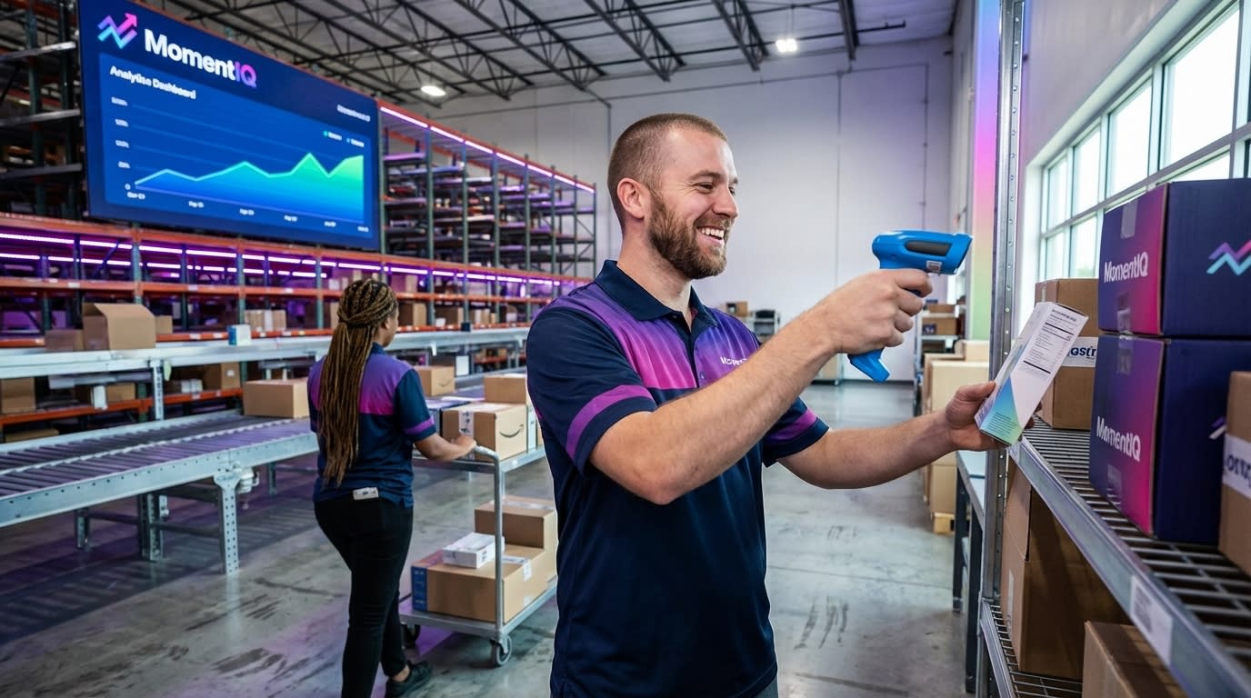Focused warehouse worker scanning product for TikTok Shop order fulfillment.