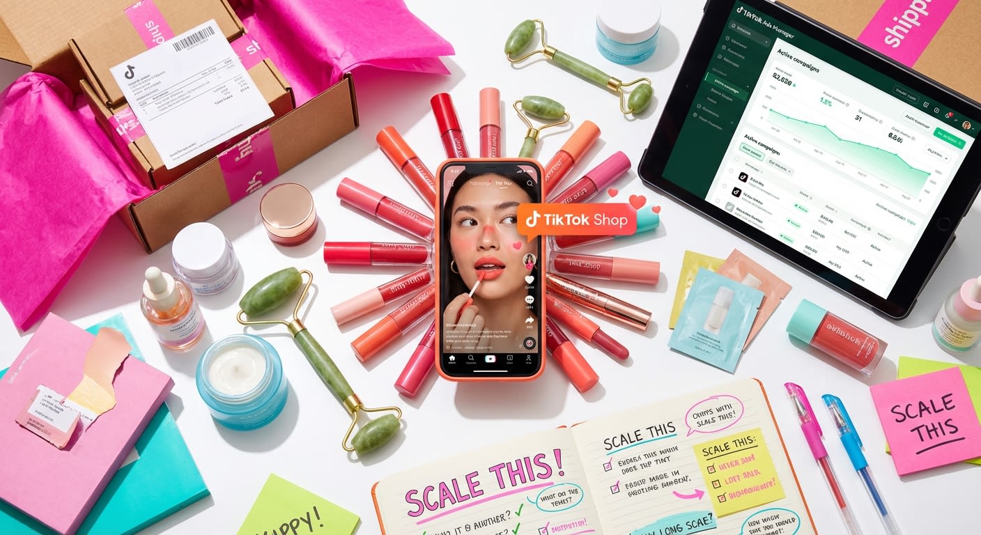 Visual checklist infographic for TikTok Shop catalog optimization showing six critical elements including review thresholds, image consistency with 19% co
![Flat lay of TikTok Shop Video Shopping Ad creative essentials including phone with UGC video, products, and analytics dashboard showing growth