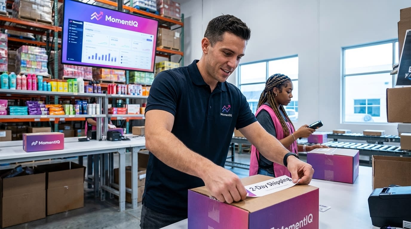 Fulfillment team member proudly applying '2-Day Shipping' sticker to a branded TikTok Shop package.