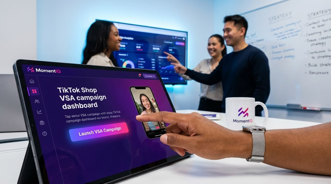 Hand tapping 'Launch VSA Campaign' button on a tablet with TikTok Shop interface.