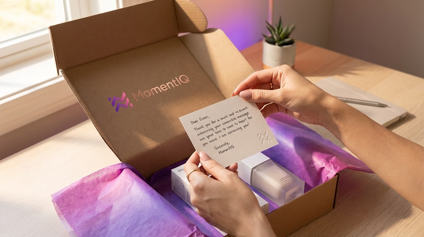 Hands assembling a beautifully branded product seeding package for a TikTok Shop creator.