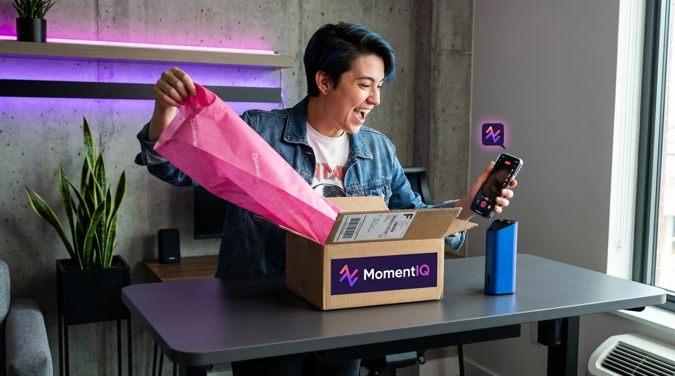 Person joyfully unboxing a branded TikTok Shop product, ready to film a review.