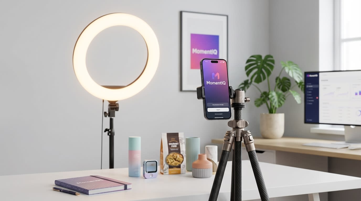 Pristine home studio setup with ring light, phone on tripod, and product props for TikTok Shop VSA.