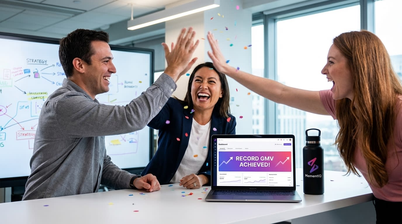 Team high-fiving, celebrating record GMV on TikTok Shop sales dashboard.