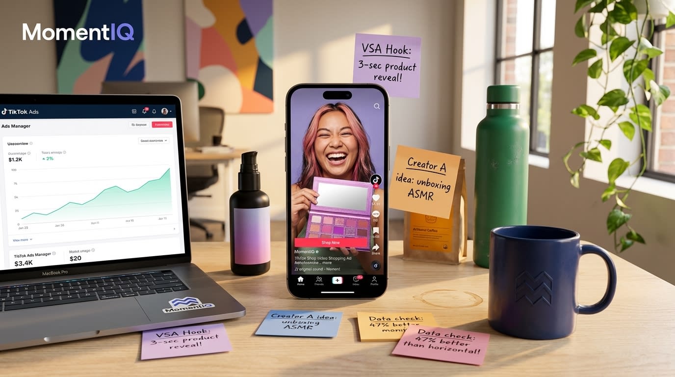 Vibrant flat lay of a creative desk with phone showing TikTok Shop VSA, product samples, and laptop with ad dashboard.