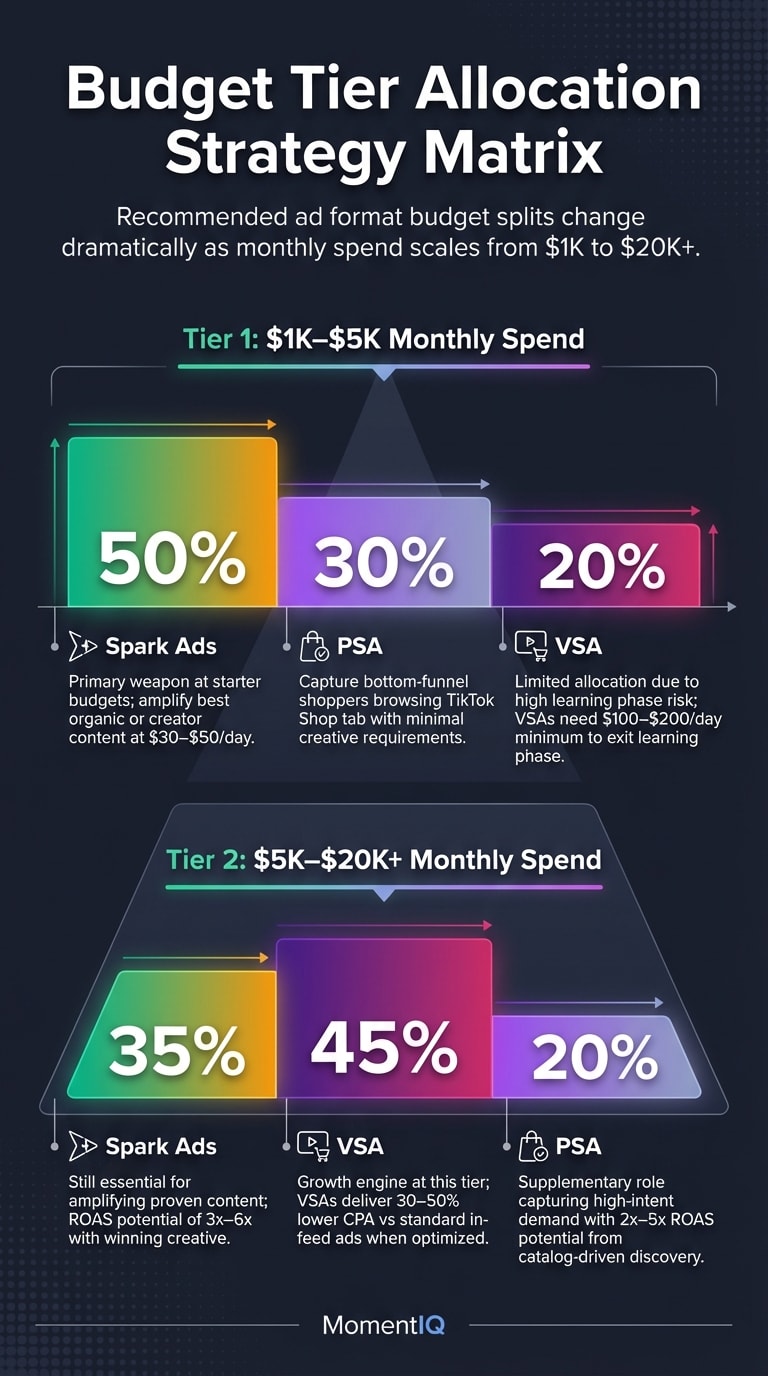 Pyramid infographic showing TikTok Shop ad budget allocation strategy across two tiers: $1K-$5K monthly favoring Spark Ads at 50% and $5K-$20K monthly shifting to Video Shopping Ads at 45%