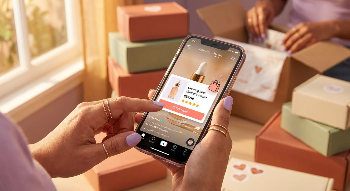 Close-up of TikTok Shop Video Shopping Ad on phone screen with shoppable product card and fulfillment boxes in background