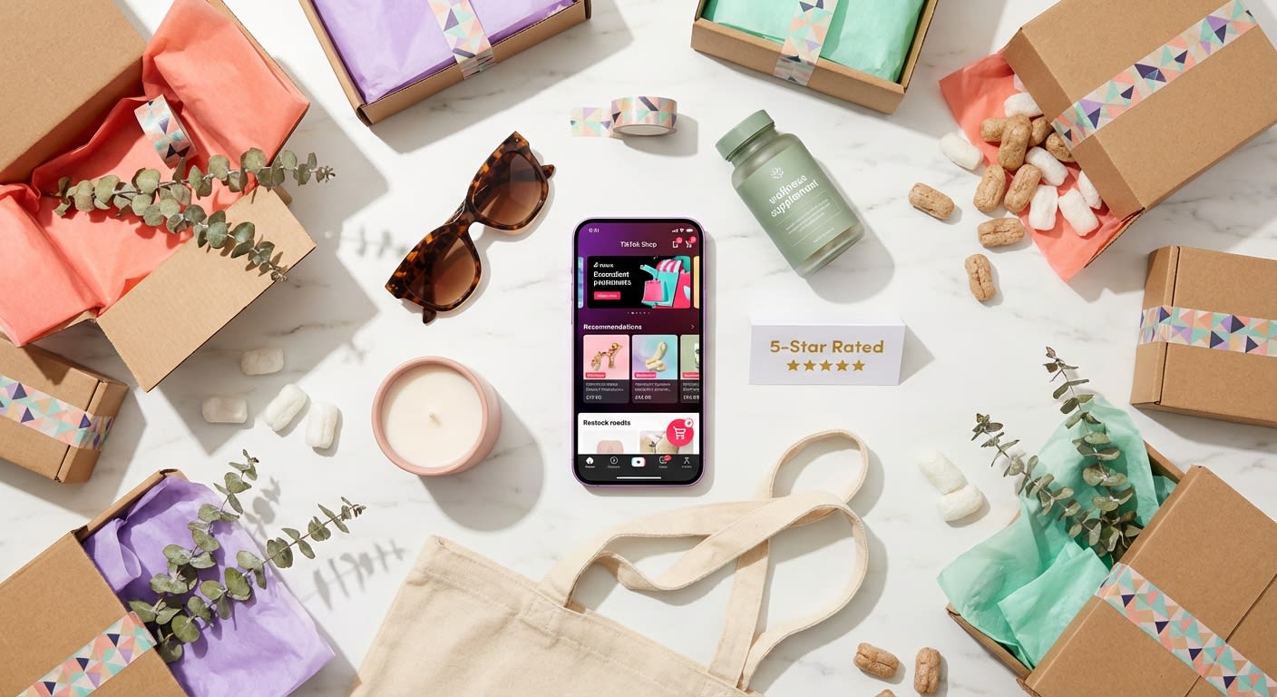 Flat lay of TikTok Shop Product Shopping Ads on phone screen surrounded by curated lifestyle products and branded packaging