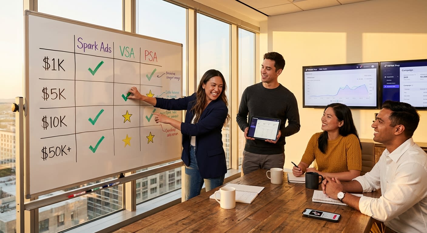 Marketing team mapping TikTok Shop ad format decision matrix on whiteboard with budget tiers and analytics dashboards on screens