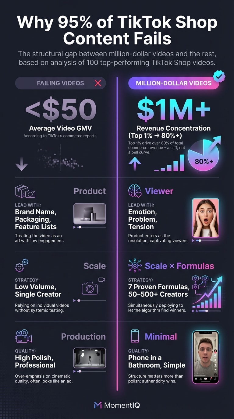 Comparison infographic showing why 95 percent of TikTok Shop content fails versus what million-dollar videos do differently, highlighting structural differences in content approach and revenue concentration data