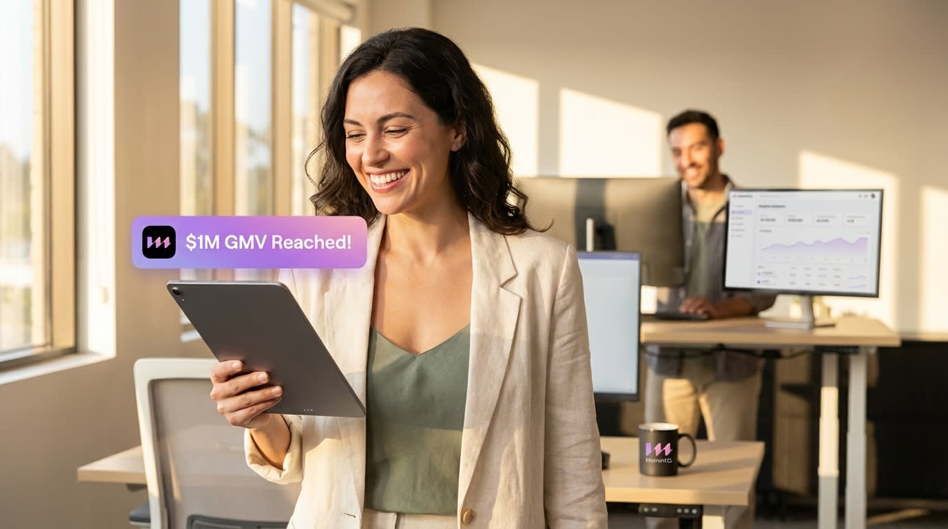 Beaming brand owner walking through a modern office, celebrating $1M GMV reached on TikTok Shop.