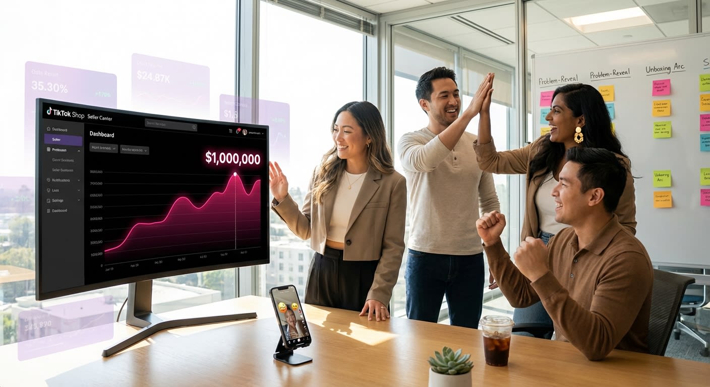 Brand team celebrating TikTok Shop million-dollar sales milestone on analytics dashboard in strategy war room