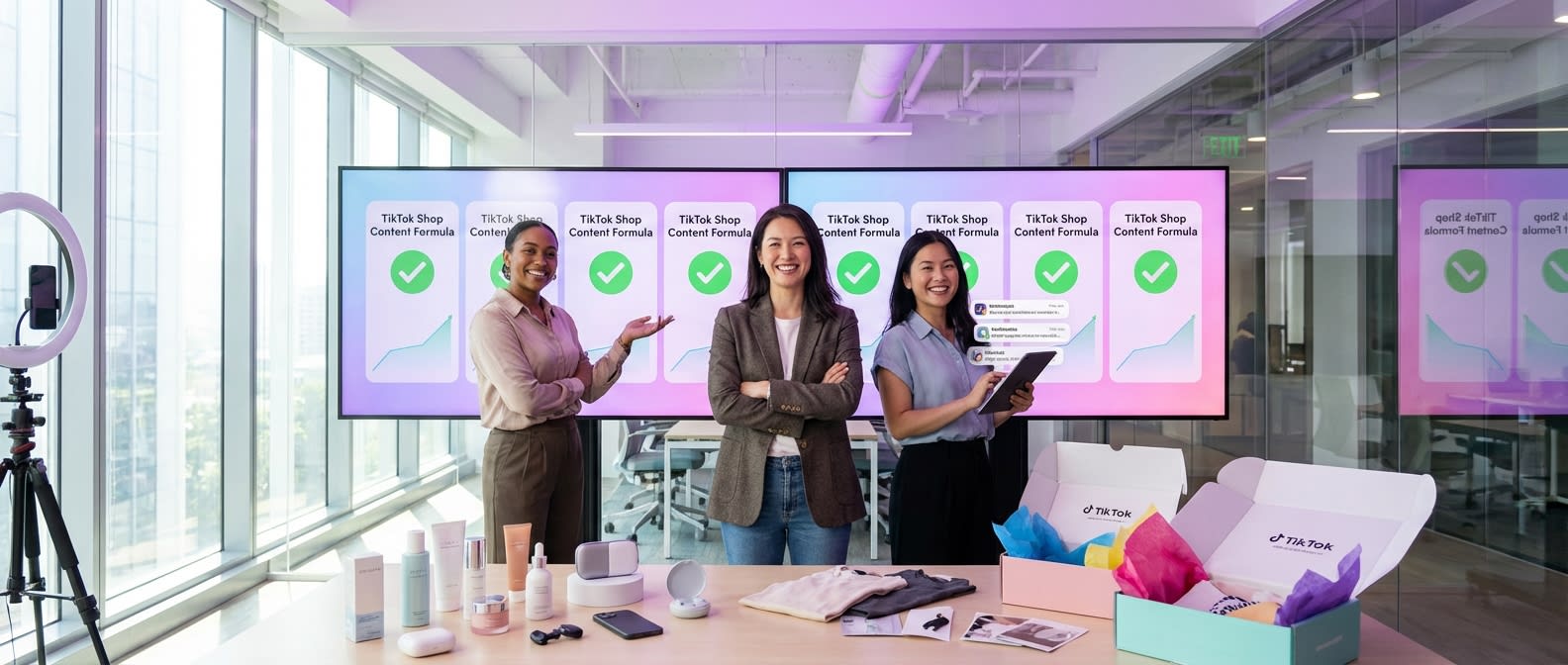Confident TikTok Shop growth team reviewing viral content formulas on dashboard with product samples and creator seeding packages