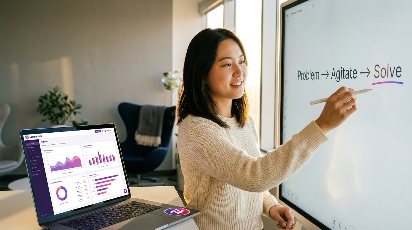Content strategist sketching the Problem-Agitate-Solve formula on a digital whiteboard for TikTok Shop.