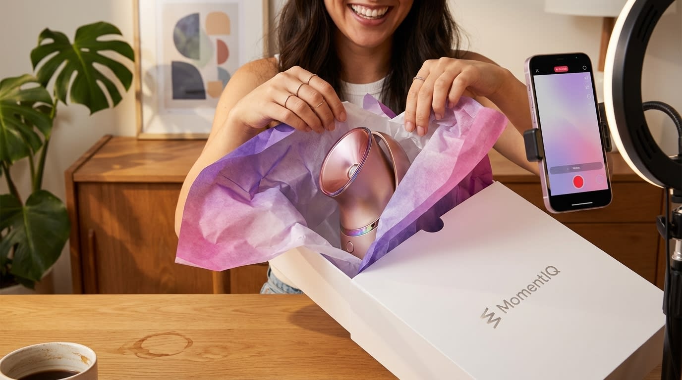 Creator excitedly unboxing a new product from a branded TikTok Shop seeding package.