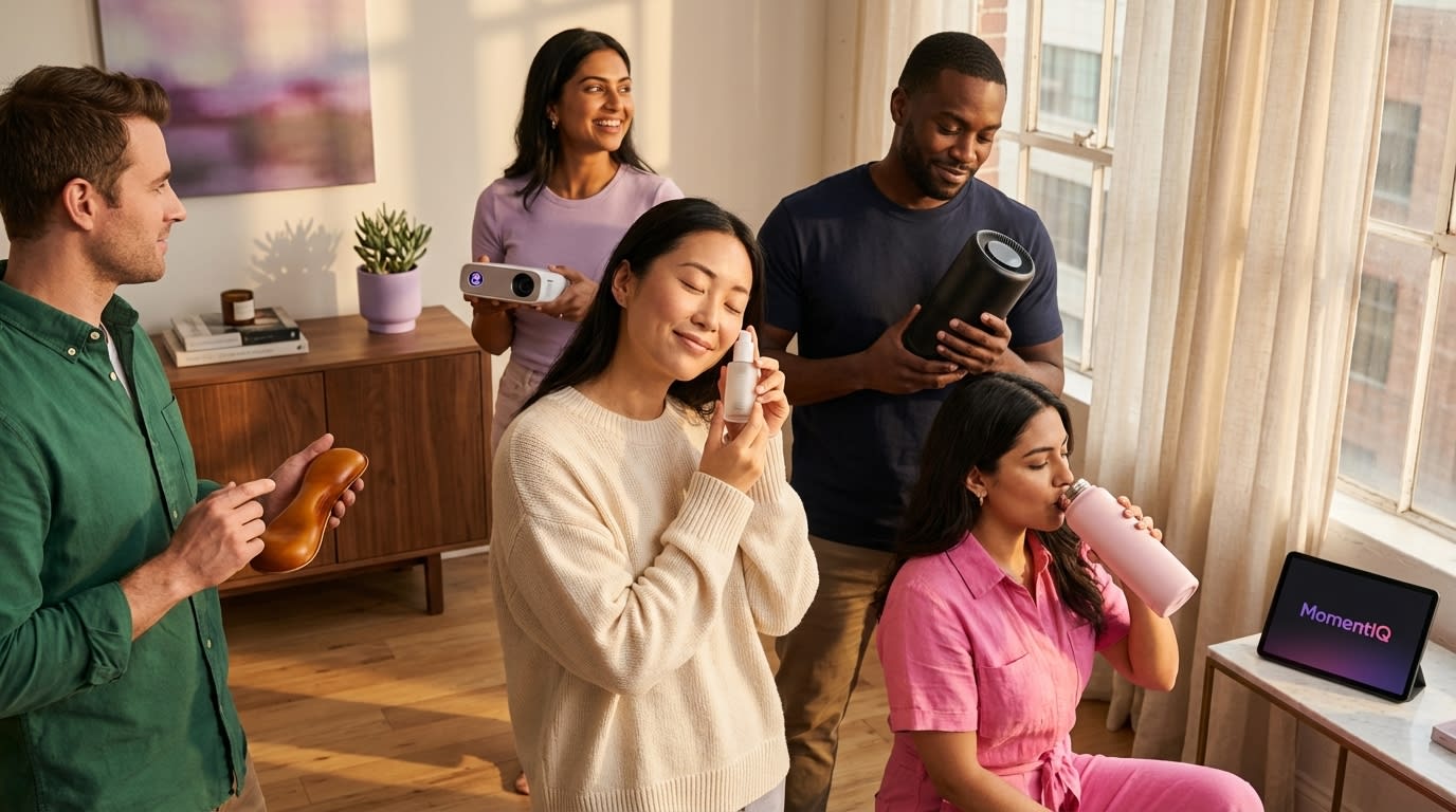 Diverse group of happy customers holding various TikTok Shop products in a bright, modern setting.
