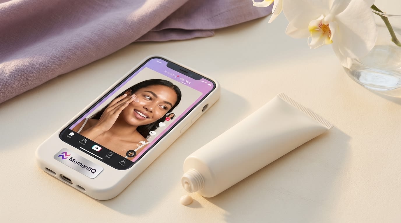 Flat lay of a skincare product, moisturizer, and a smartphone showing a TikTok Shop demonstration video.