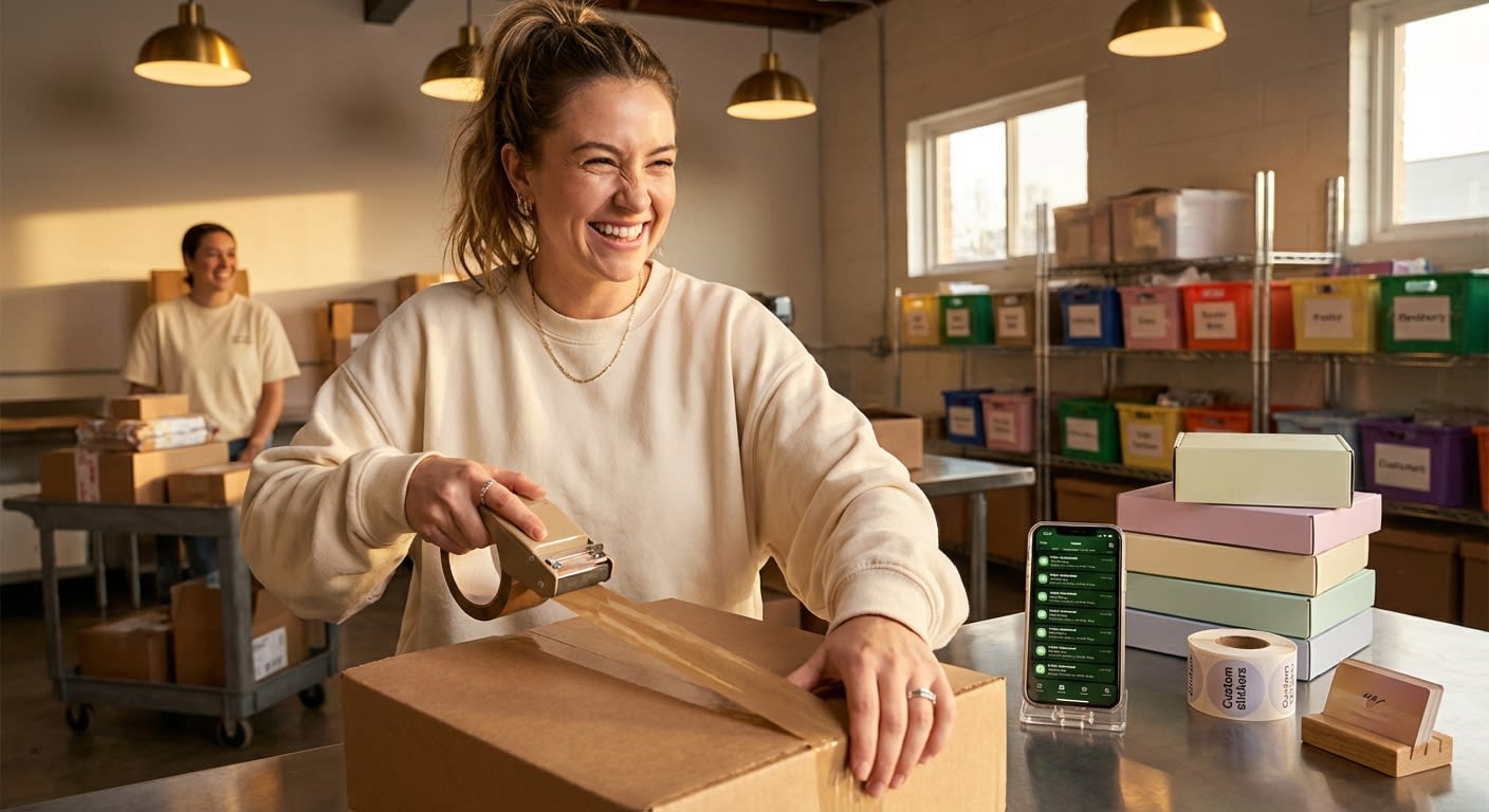 Entrepreneur joyfully packing TikTok Shop orders in organized fulfillment warehouse with notifications on phone
