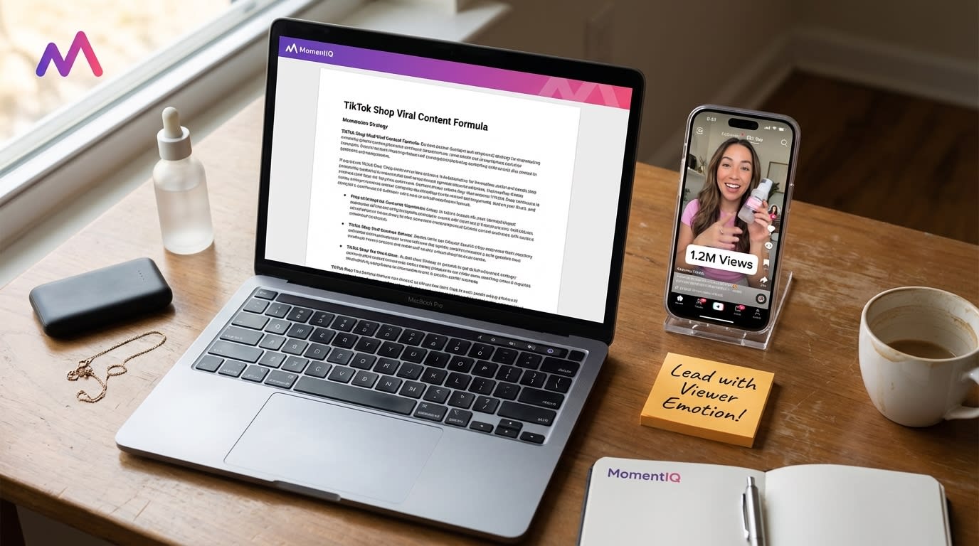 Flat lay of a TikTok Shop content strategy desk with a laptop, phone showing a viral video, and product samples.
