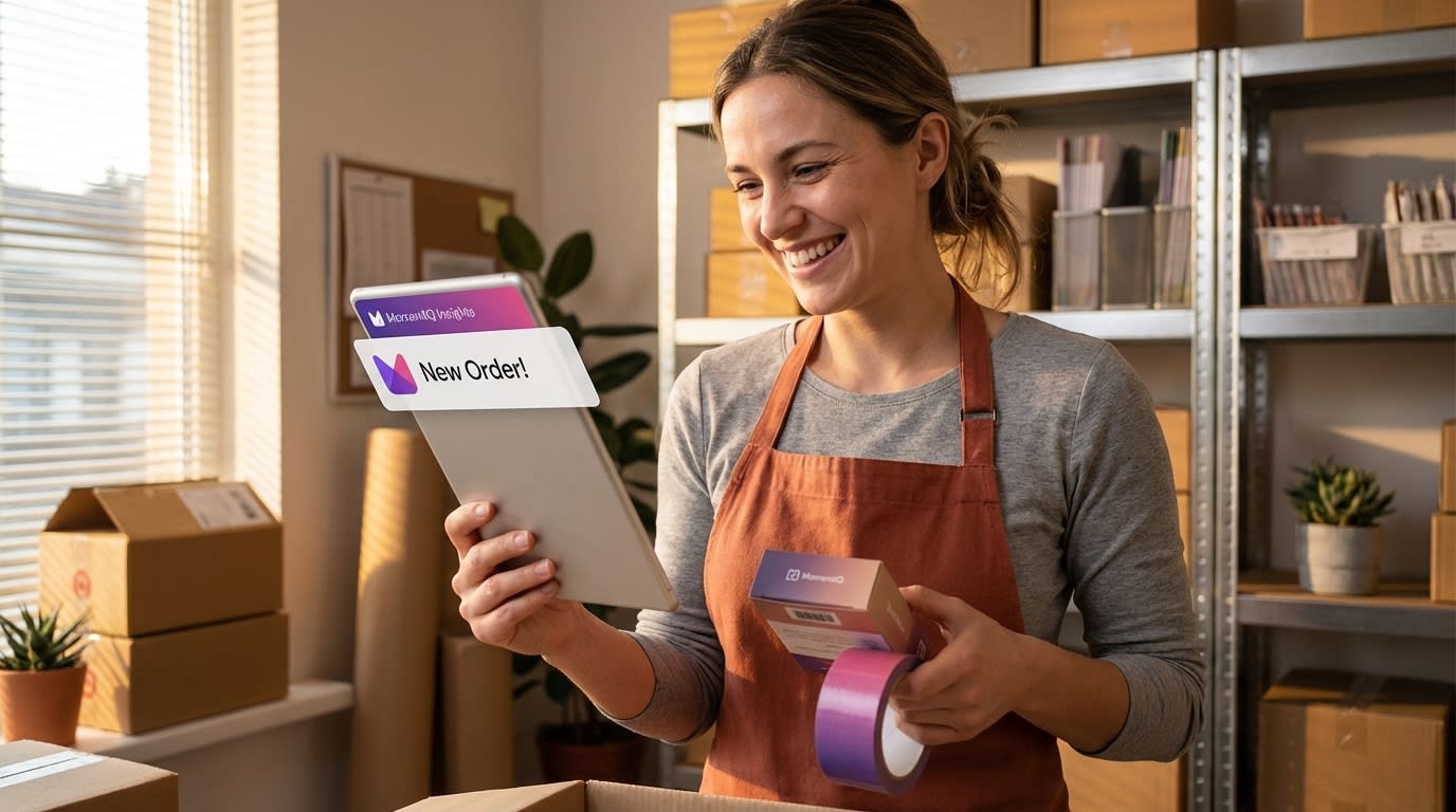 Proud small business owner joyfully packing TikTok Shop orders in an organized fulfillment area.